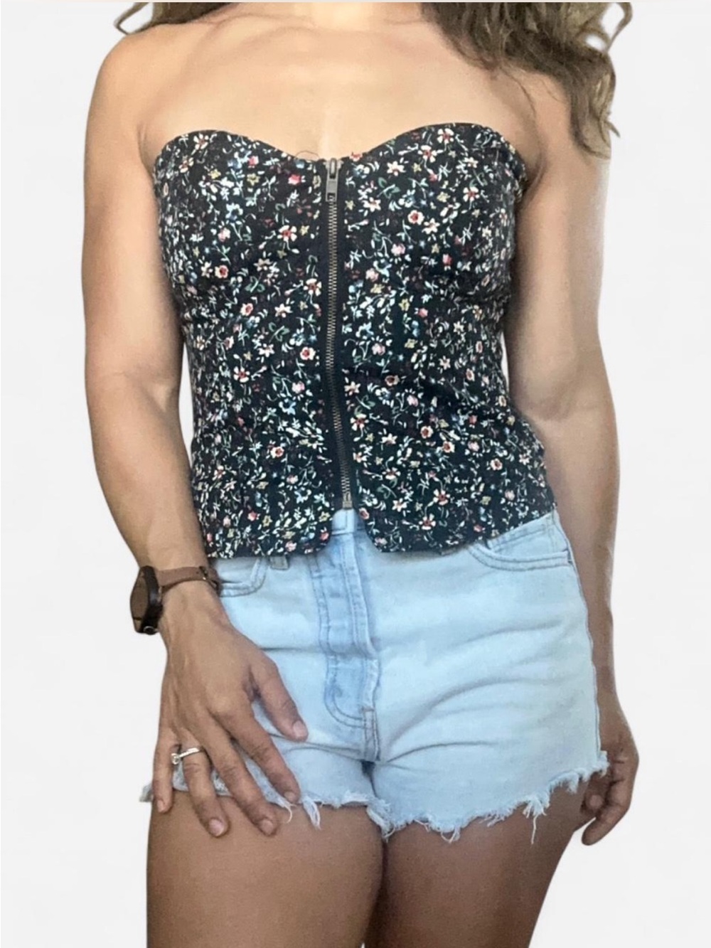 American Rag Black Floral Zip-Front Strapless Bustier